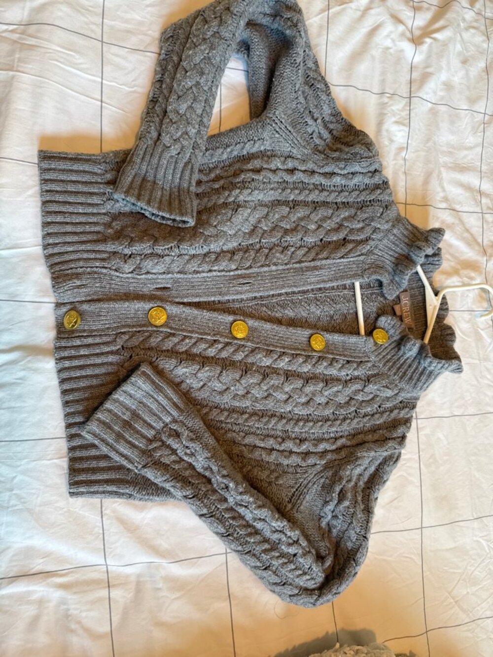 J.Crew Cable-Knit Cardigan Gray Gold Buttons Ruffle Collar M